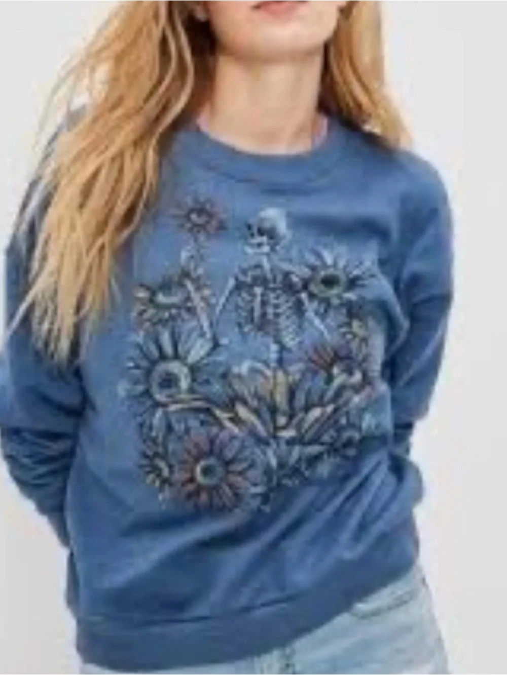 American Eagle Outfitters Dusty Blue Skeleton & Floral Crewneck Sweatshirt M - Picture 11 of 11